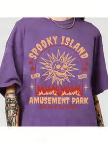 Spooky Island Amusement Park T-Shirt, Retro 2000s Halloween Movie Shirt, Disco Skull, Summer Spooky T-Shirt, 90s Nostalgia Halloween Tee For Halloween-Motion Tee - Màu tím  Violet - Xem 4