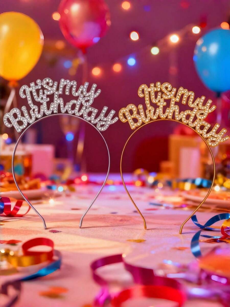 Băng đô cài tóc dự tiệc sinh nhật cho bé gái, đính đá pha lê lấp lánh, thiết kế "Sinh nhật của tôi!", phụ kiện - Phối màu - Xem 1