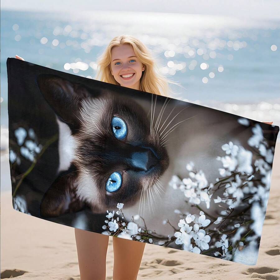 1pc Cat Print Beach Towel, Soft Comfortable Lightweight Beach Towel, Suitable For Travel, Swimming, Diving, Surfing, Yoga, Camping, Beach Accessories - SSTJ11863 - View 1