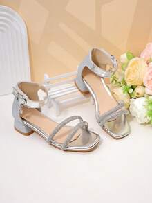 Giày sandal cao gót đính đá lấp lánh màu bạc cho bé gái, kiểu mũi vuông, có khóa dán, giày công chúa cho trẻ em. - Bạc - Xem 4