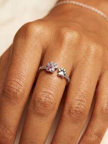1pc 925 Sterling Silver Cute Sweet Claw Inlaid Pink Diamond Open Ring, Suitable For Daily Wear Or Parties, A Beautiful Jewelry Gift Or Birthday Present - Cute Paw Pink Diamond Ring - View 3