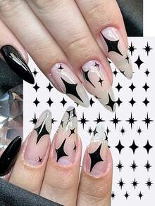 6pcs Black Star Nail Art Stickers Set - 3D Self-Adhesive Mixed Starburst, Alphabet & Star Nail Decals Gifts For Women Girls - 6sheets,Y2K Gothic Punk Style, Waterproof Nail Decoration For Acrylic Nails, DIY Manicure Accessories For Nail Salon & Home Use - Multicolor - View 6