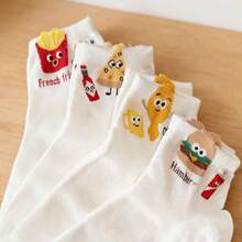 8双/4双装 女士可爱卡通汉堡、薯条、披萨图案趣味柔软透气吸湿休闲运动袜 - 彩色 - 查看 10