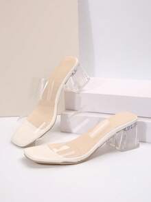 女士优雅白色高跟凉鞋 - 方头，粗跟，人造革鞋带，四季皆宜的正式鞋款，细高跟 - 白色 - 查看 6