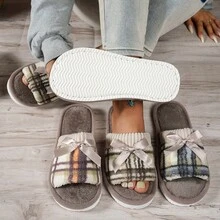 新款时尚格子图案套脚拖鞋，舒适静音情侣拖鞋 - 女款拖鞋 - 查看 5