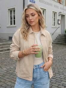 Womens Fall Spring Jacket Casual Loose Fit Stylish Solid Color Zip Up Collared Long Sleeve Coat - Beige - View 2