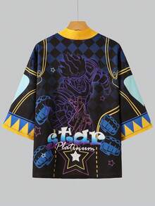 Retro 3/4 Sleeve Robe, Loose Fit Sunscreen Jacket, Unisex Casual Kimono Cardigan - Black - View 4