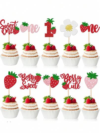 20/10-Pack Sweetheart Strawberry Cupcake Decal Stickers – Glittery Strawberry Style | 1st Birthday Cupcake Toppers | Strawberry Birthday Decorations | Cake Decorations Suitable For Babychristenings And 1st Birthday Parties