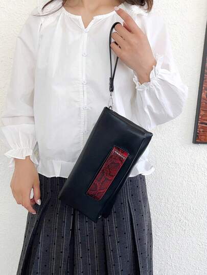 1个PU皮革撞色女士信封手拿包，简约轻便翻盖链条单肩包，适合日常、工作、聚会、节日礼物