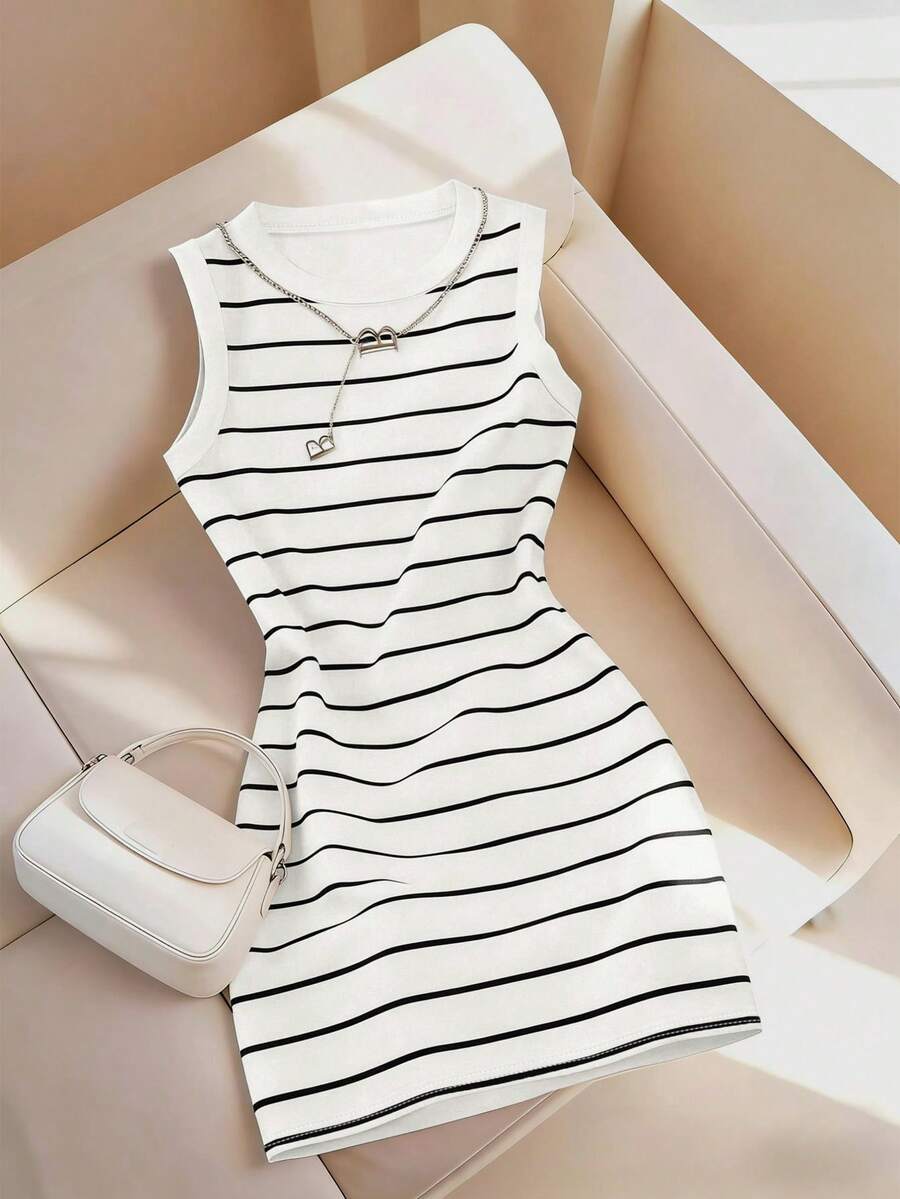 女士夏季服装，新款条纹印花圆领修身无袖连衣裙，春夏款 - 白色 - 查看 1