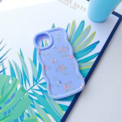Light Purple Butterfly Floral & Leaf Embossed Case, Chinese Style Minimalist, Macaron Color, Cream Style Colorful Wavy Edge, Full Body Shockproof Matte Cover, International Version, Compatible With Galaxy A/S/FE/Plus/Ultra, Pro/Note/Poco/X, Transsion Hot/Play/Spark/Pop/Smart, Reno , Honor, E/G/Moto, Android Phones