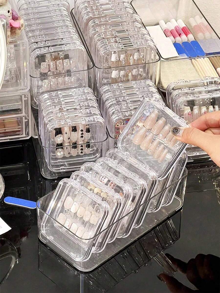 24pcs/Set Transparent Nail Art Storage Box, Stackable Plastic Nail Tips Display Case With Safety Lock Lid, Suitable For Press-On Nails, Acrylic Nail Tips, Nail Decorations And Salon Accessories - Clear - View 1