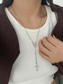 1pc Fashionable Elegant Virgin Mary Embossed Y-Shape Long Necklace, Vintage Religious Cross Pendant Sweater Chain For Women, Suitable For Daily Wear And Gatherings - 銀色 - 查看 3