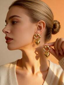 1 Pair Of Hollow Heart-Shaped Earrings Made Of 18K Gold-Plated Stainless Steel, A Fashionable And Personalized Jewelry Gift For Women - Multicolor - View 1