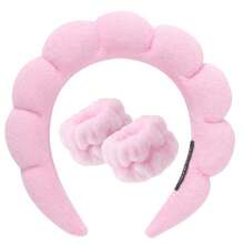 1 Set: 1pc Headband/2pcs Wristbands/3pcs Spa Headbands, Makeup Headbands, Facial Headbands, Skincare Headbands, Pink Velvet Fluffy Sponge Headbands, Bow, Pompom, Spa Headbands, Wristband Hair Accessories - Multicolor - View 7