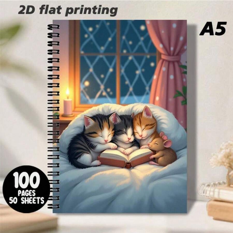 A5尺寸可爱螺旋笔记本，封面插画描绘了三只小猫和一只小老鼠舒适地窝在柔软的靠垫上读书，窗外是白雪皑皑的景色，室内则点缀着摇曳的烛光，营造出温馨愉悦的氛围。内页为横格纸，书写流畅，适合日常记录和自由写作，为生活增添一丝温暖和乐趣，是记录灵感和日常点滴的绝佳选择。 - L - 查看 1