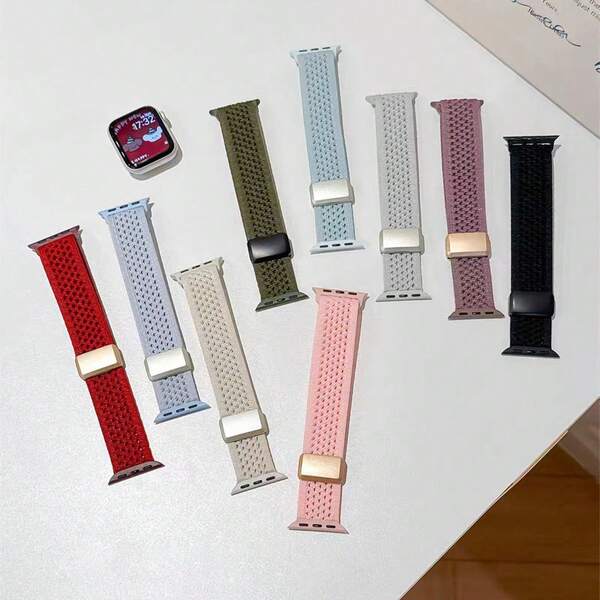 Dây đeo đồng hồ bằng nylon dệt kim thoáng khí, khóa từ tính, tương thích với Apple Watch Series Ultra/SE/11/10/9/8/7/6/5/4/3/2/1, 38mm/40mm/41mm/42mm/44mm/45mm/46mm/49mm, kiểu dáng cổ điển, dễ đeo, thời trang cho cả nam và nữ.