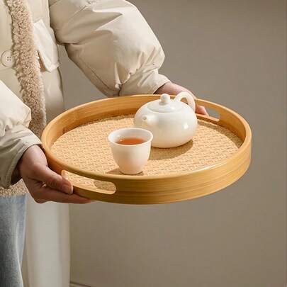 Bandeja Redonda de Bambu com Alças | Porta Chá Café Frutas | Bandeja Decorativa Para sala | Prática e Resistente