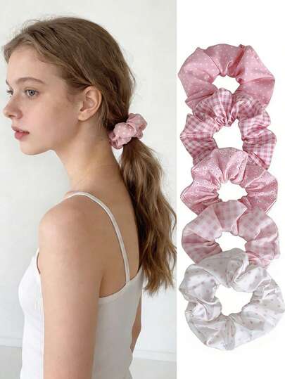 5pcs/Set Girls' Hair Scrunchies, Spring/Summer Plaid, Floral, Polka Dot Hair Ties, Ponytail Holders, Suitable For Fine Hair, Fit For Wedding, Party, Birthday, Mother's Day Decor Gifts, Spring/Summer Outdoor Accessory
