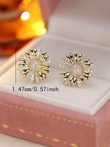 1 Pair Women's Earrings, Fresh & Versatile Gold-Plated Small Daisy Earrings, New Fashion Sweet Synthetic Cubic Zirconia Sunflower Earrings, Suitable For Gift And Daily Wear - Earrings - View 6