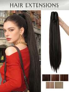 24-Inch Long Straight Synthetic Hair Ponytail, Vacation-Inspired Women's Summer Hairstyle, Gold Tone Hair Claw Clip - Black Brown - View 2