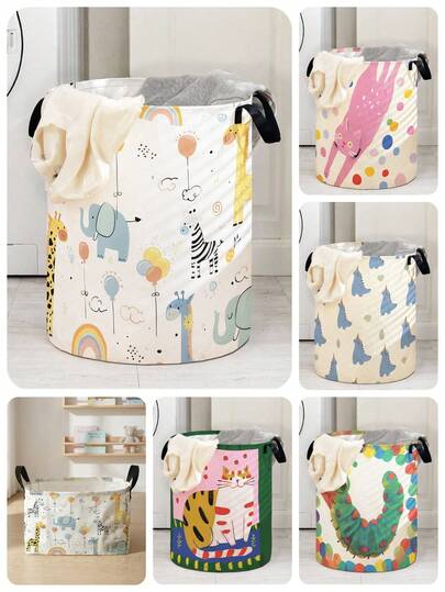 1pc Cute Animal Pattern Foldable Large Capacity Round Storage Basket With Handle, Multi-Purpose Storage Bin For Nursery, Baby Items, Diapers, Clothes, Toys Organizer, Collapsible Baby Goods Storage Box