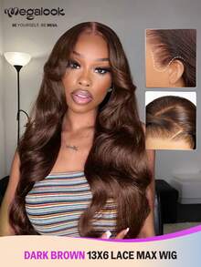 MEGALOOK 无胶13x6 Three-Go™蕾丝前假发，18-30英寸真人发，自然波浪卷，巧克力棕色，预漂白，预拔毛，预剪蕾丝，融合蕾丝，自然发际线，适合新手日常佩戴 - S4 - 查看 1