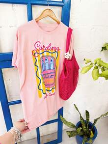 Áo thun ngắn tay in hình cá mòi dễ thương cỡ lớn, dáng suông, cổ tròn, màu hồng, kiểu dáng thường ngày, dành cho nữ. - Hồng - Xem 3