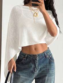 Mejors 新款春夏女士不对称披肩纯色 Y2K 风格蝙蝠袖针织短款上衣，轻薄斗篷式毛衣透视衬衫，适合海滩、派对、夏秋季穿着，白色 - 白色 - 查看 3