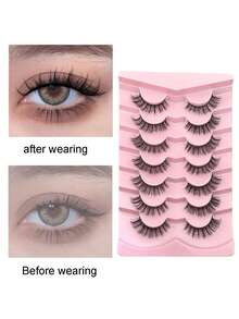 New 7 Pairs 6D Fluffy False Eyelashes, Soft Fluffy, Handmade, Reusable, Short Natural Style, 3D Stereoscopic Mink False Eyelashes, 3D Cilioss False Eyelashes, Strip False Eyelashes, Eyelashes, False Eyelashes - Black - View 11