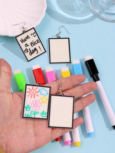 8件套时尚独特个性化设计留言板吊坠耳环（含彩色白板笔），抗议游行海报板，每日笑话，涂鸦耳环，女士日常节日派对礼物首饰