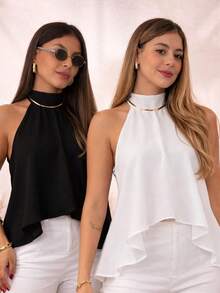 Women's Blouse With High Neck And Asymmetrical Neck Tie - 黑白 - 查看 2