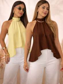 Women's Blouse With High Neck And Asymmetrical Neck Tie - 黃棕色 - 查看 3