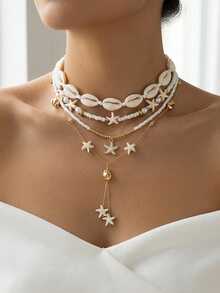 Bộ 4 vòng cổ hạt cườm hình vỏ sò và sao biển, thích hợp cho phụ nữ đi nghỉ mát và du lịch biển. - Nhiều màu - Xem 2