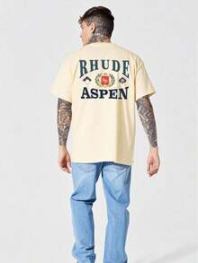 2026 Summer Men's T-Shirt, Men's Casual Crew Neck Short Sleeved T-Shirt With Elegant And Luxurious "RHUDE ASPEN"  - Themed Camisas Para Hombre - 杏色 - 查看 4