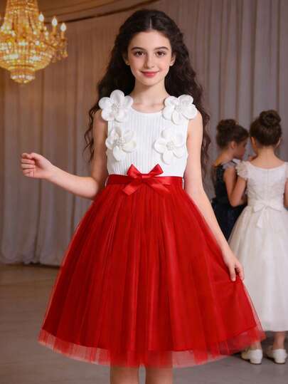 Summer Girls' Fashion Floral Beaded Mesh Dress, Suitable For Wedding Season And Casual Gatherings