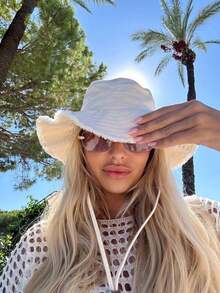 女士抽绳饰边渔夫帽，可调节下巴带设计，做旧效果，柔软面料，防晒防风，时尚百搭，适合旅行、海滩、度假、日常休闲穿着 - 彩色 - 查看 5