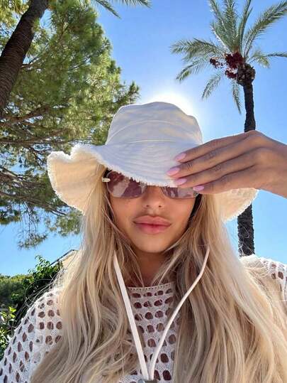 1 pieza Sombrero de cubo con cordón ajustable para mujer, diseño con correa para la barbilla, efecto desgastado, tela suave, protección solar, resistente al viento, versátil y de moda, adecuado para viajes, playa, vacaciones, uso casual al aire libre, vacaciones, viajes, accesorios de vestir y regalos