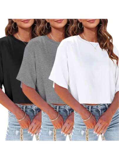 3pcs Set Of Solid Color Round Neck Cropped Loose Casual T-Shirts, Suitable For Spring/Summer Daily And Home Wear