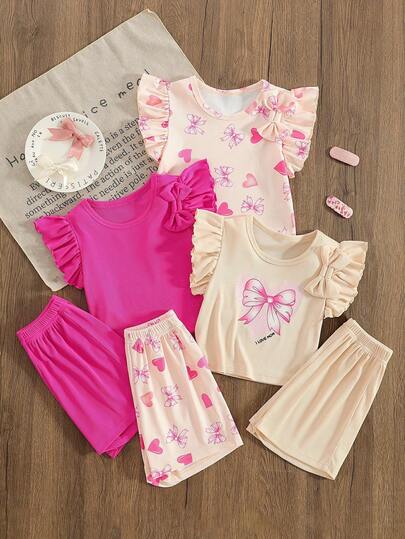 Bộ đồ hè 3 món cho bé gái: Áo tay ngắn họa tiết nơ trái tim + Quần short, trang phục thường ngày, phù hợp cho các buổi tiệc, nhiều lựa chọn phối đồ.