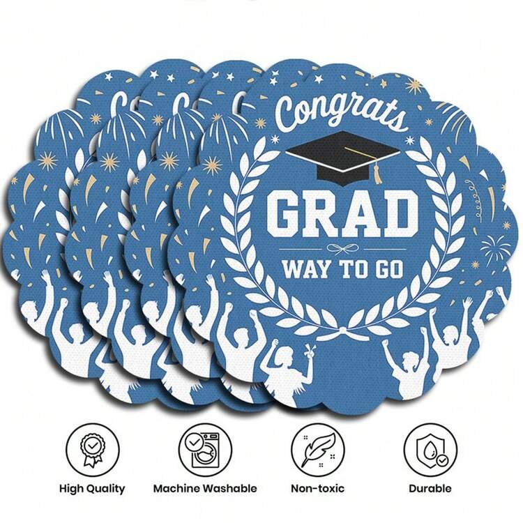 4 Pcs 15 Inch Graduation Placemats, Polyester Blue Congrats Grad Table Mats With Scalloped Edge, Washable Durable Table Placemats For Graduation Party, Dining Table Decor, Kitchen, Banquet, Home Gathering - A - View 8