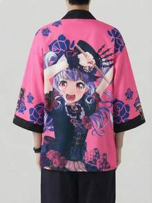 玫瑰印花七分袖宽松和服开衫，动漫风格外套 - 玫瑰紅 - 查看 2