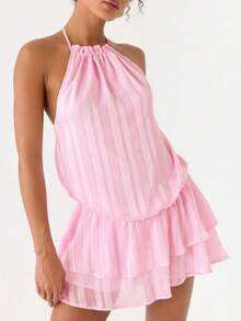 Women Summer Ruched Halter Mini Dress Ruffle Bubble Drop Waist Backless Tie Neck Open Back Mini A Line Swing Dress Y2k Cocktail Clubwear - 粉色 - 查看 1