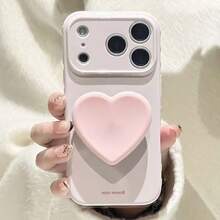 SANRIO 新款哑光粉色亲肤心形支架，多巴胺手机壳，全包覆奢华女士TPU防震手机壳保护套，适用于 11/12/13/14/15/16/17 Pro Max，DIY，侧边心形，撞色设计 - 粉色 - 查看 2