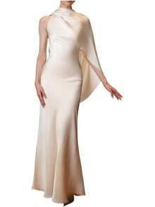 Women's 2026 French Style Elegant Satin Long Formal Gown, Evening Cocktail Party Dress - 棕色 - 查看 1