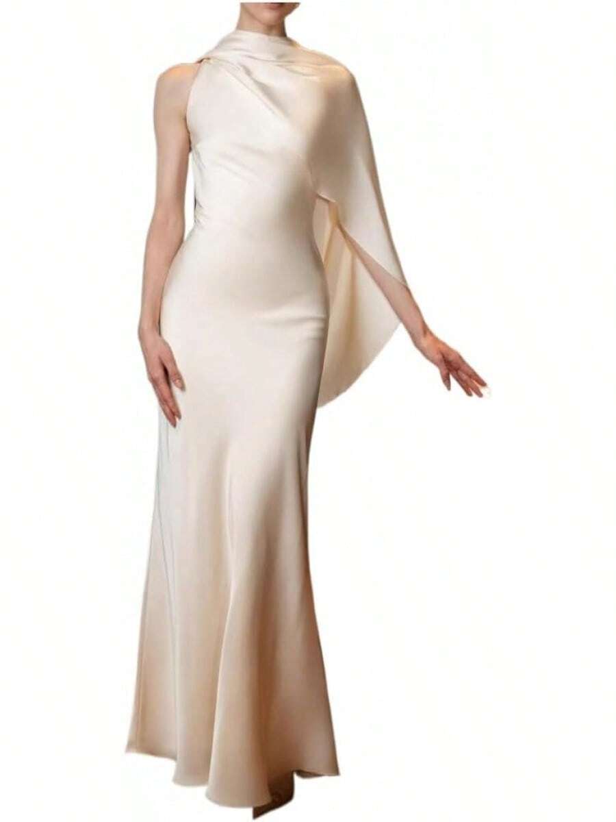 Women's 2026 French Style Elegant Satin Long Formal Gown, Evening Cocktail Party Dress - 棕色 - 查看 1