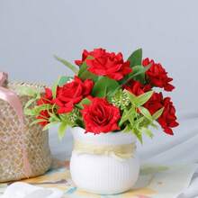 1 buc. Trandafir roșu realist cu ghiveci din plastic cu dungi albe, decor de trandafiri realiști pentru sufragerie, dormitor, perfect pentru Ziua Îndrăgostiților, Ziua Mamei, decorare de nuntă - Trandafir rosu - Vizualizare 3