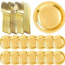 10/20/30/50/100 piezas Vajilla de papel dorado, platos para ensalada, platos de postre, platos desechables para fiestas, disponibles en tamaños de 7 pulgadas y 9 pulgadas, fácil de limpiar, adecuado para pasteles, postres, ensaladas, hamburguesas, sándwiches, aperitivos, frutas, fiestas de cumpleaños, bodas, campamentos al aire libre, Año Nuevo, Día de San Valentín - Dorado - Ver 11