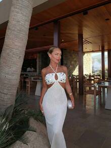 女士夏季波西米亚亮片白色蕾丝系带露背吊带长裙，无袖修身镂空性感针织连衣裙，适合海滩度假、海滩派对、音乐节、鸡尾酒会、城市公路旅行、假日约会 - 白色 - 查看 6