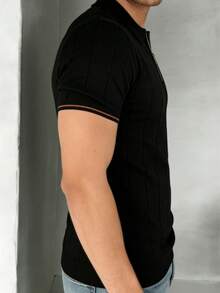 GRDR Camiseta de manga corta con cuello de cremallera y costillas verticales para hombre - Uso diario casual - Negro - Ver 3